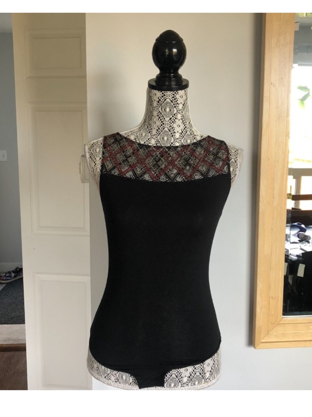 New Black Thong Bodysuit With Red Metallic Mesh Detail. Small